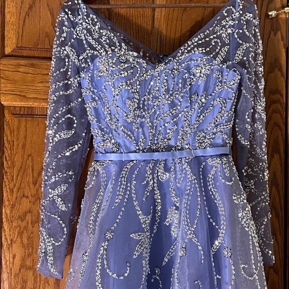 blue dress with silver embellishments Sequin Embellished Gown With High Slit 49253